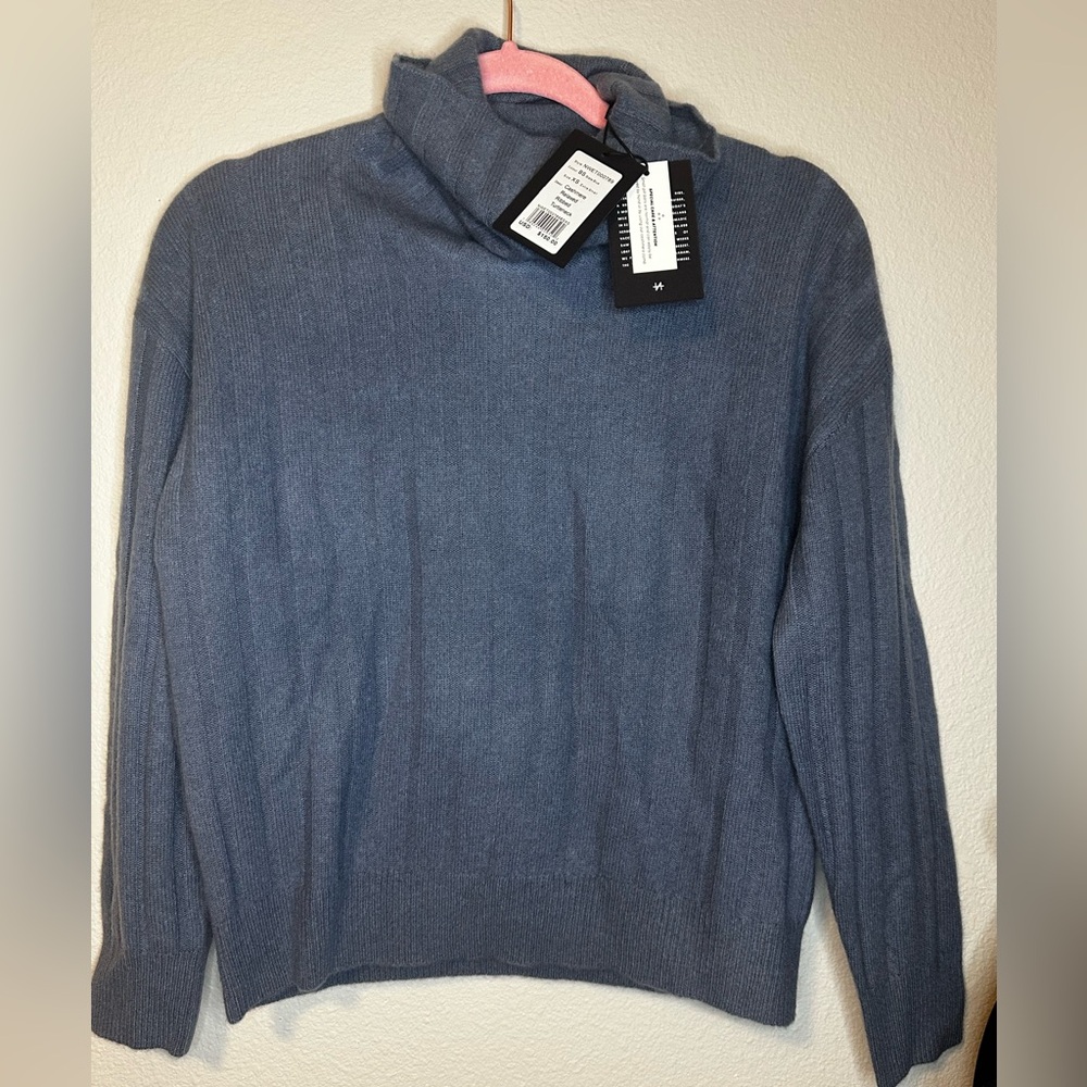 NAADAM Blue 100% Cashmere Relaxed Ribbed Turtleneck Sweater